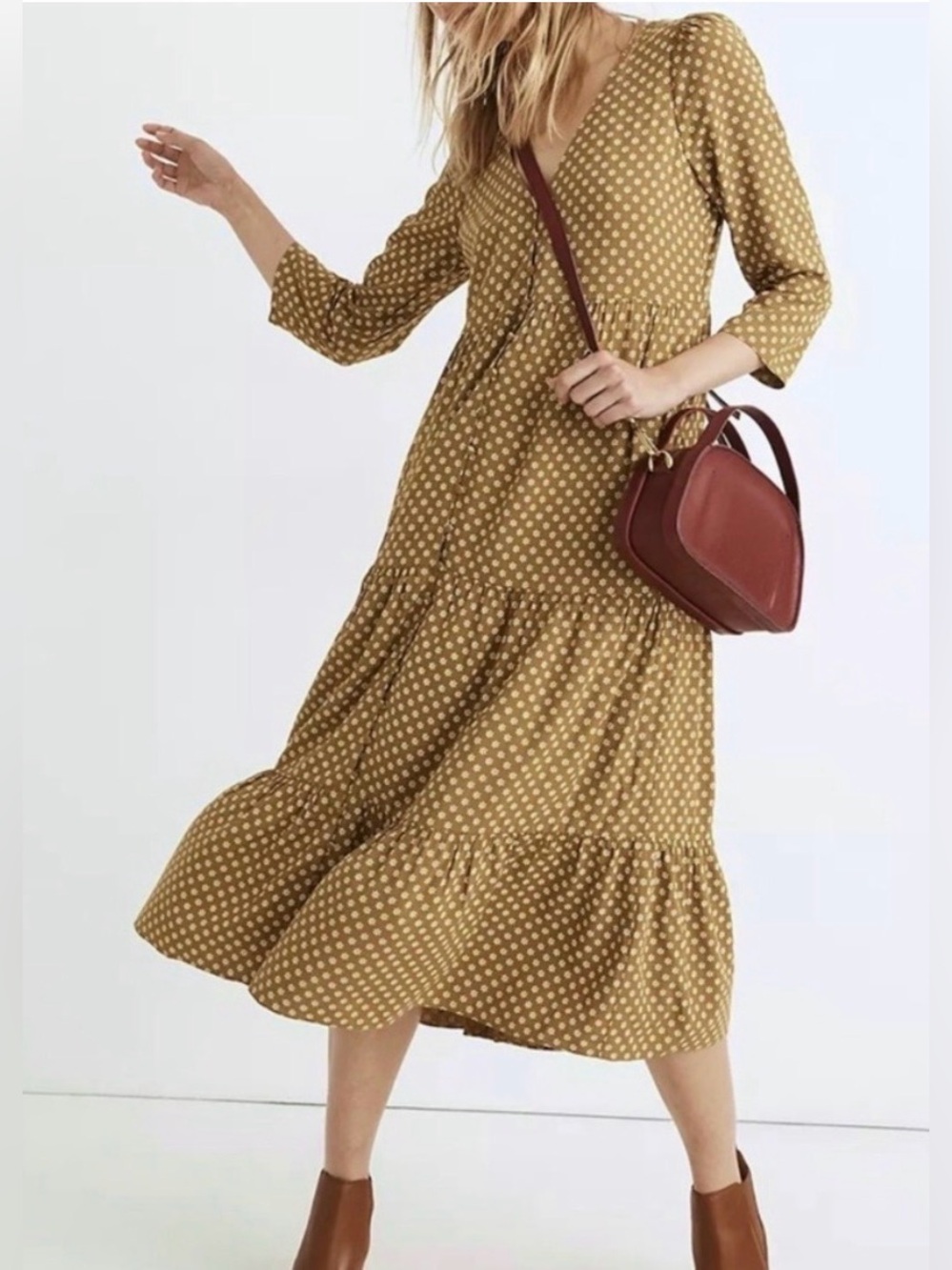 Madewell Daisies Forever V-Neck Tiered Button Front Midi Dress Sz 8 Cottagecore